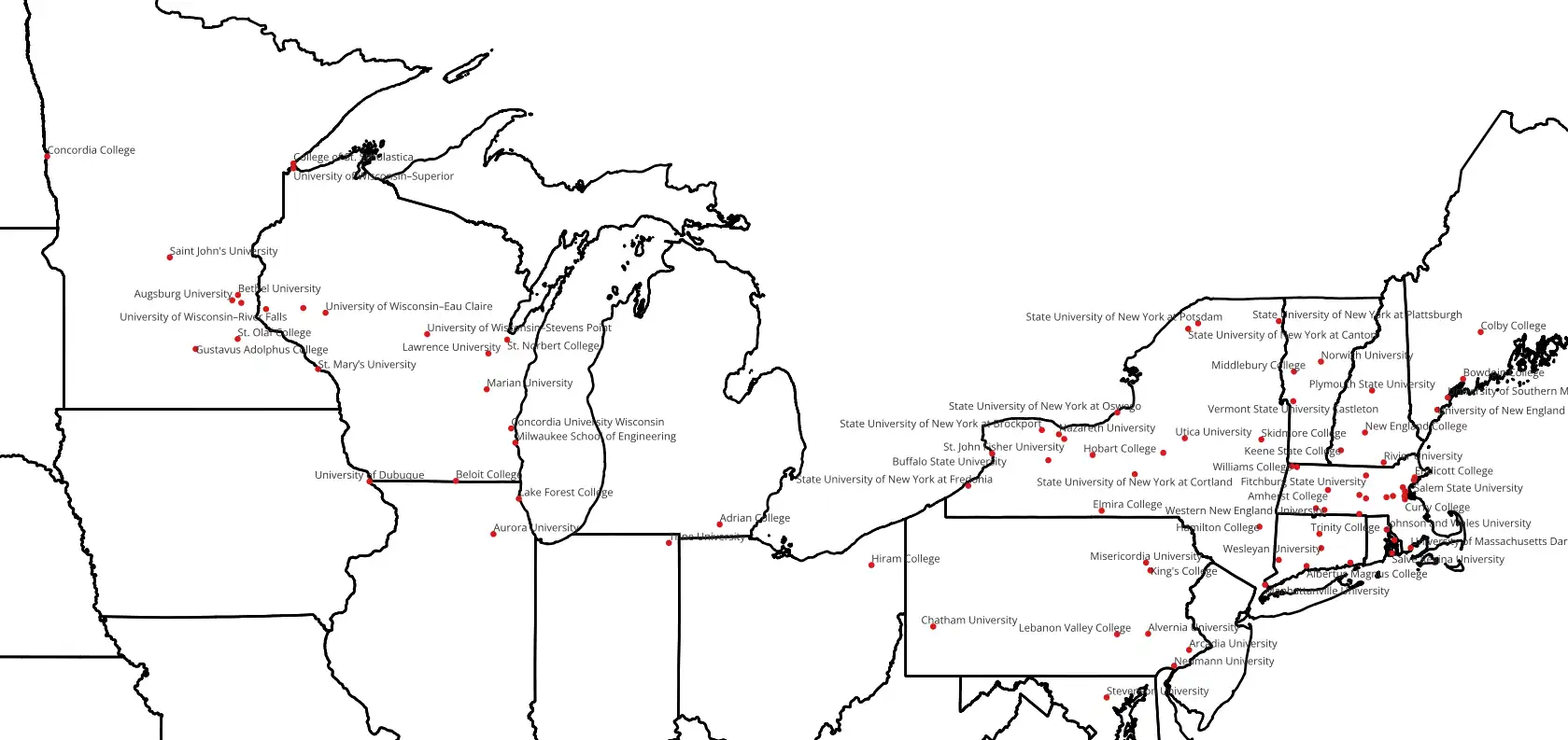Map of Men's NCAA Division III ice hockey programs