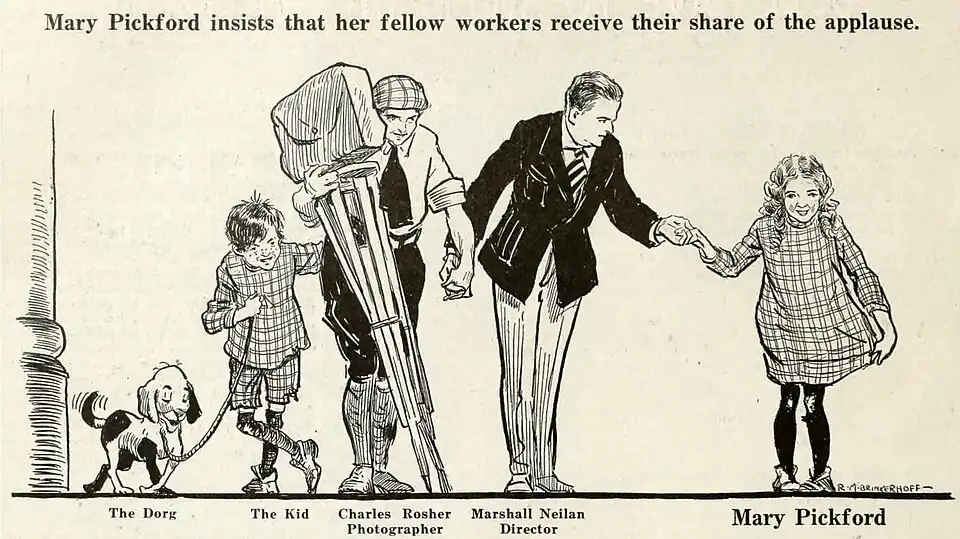 "Mary Pickford insist that her fellow workers receive their share of the applause." Cartoon ad for the American film Daddy-Long-Legs (1919) in