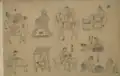 The illustration depicts people sweeping and washing their clothes.