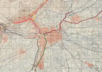 1958 map of Damascus with tramway network overlayed