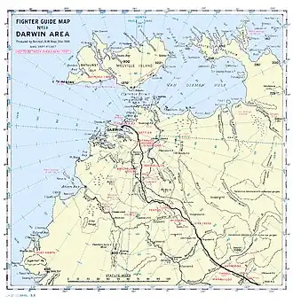 A map of the Darwin region showing the location of airstrips and other geographical features referred to in the article. Darwin and its RAAF and civil airstrips is in the centre of the map and the other airstrips referred to in the article are to the south-east of the town and are next to a road marked with a thick black line.