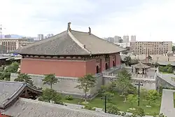 The Daxiongbao Hall, built in 1140 during the Jin dynasty. The platform the hall is on was built during the earlier Liao dynasty.