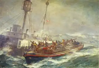 Oil painting by Bernard Finnigan Gribble of the rescue of the crew of LV Comet by RNLB&nbsp;Mary Stanford 1936