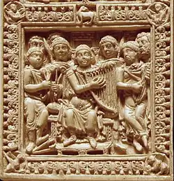 Circa 795 A.D., Carolingian Empire. Probably from Aachen. Crotala (clappers), harp and fiddle.