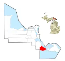 Location within Chippewa County (red) and the administered village of DeTour (pink)