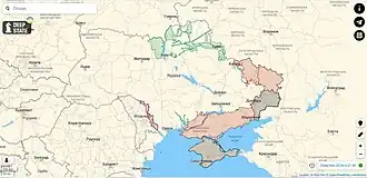 A digital map of Ukraine with areas occupied by Russia on 25 April 2022 in red, and areas regained by Ukraine in blue and green