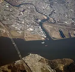 Aerial image of Delaware Memorial Bridge (left), Wilmington, Delaware (top right), 2012