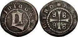 Bronze denaro of Domenico Gattilusio, lord of Lesbos in 1455–1458, with a large "D" on the obverse, and the tetragrammatic cross on the reverse
