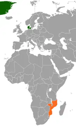 Map indicating locations of Denmark and Mozambique