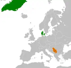 Map indicating locations of Denmark and Serbia