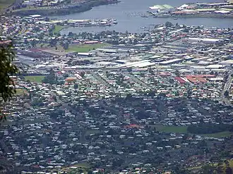 View of Derwent Park from the west with Prince of Wales Bay behind and Springfield in the foreground