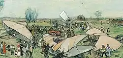 A scene of an aviation exhibition. Several winged craft are on the ground; some have propellers, some do not. A car appears to be pulling one of them. Dozens of people are milling around, some with bicycles. In the background, a boy flies a kite.