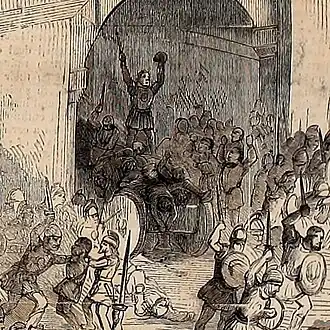 Bodies of the dead piled onto a tumbrel