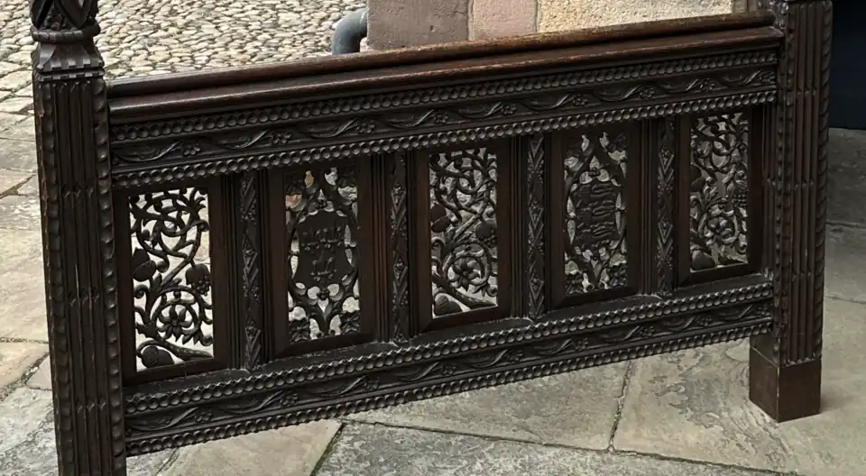 Detail of the footboard of the Henry VII and Elizabeth of York marriage bed