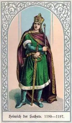 Portrait of Henry IV wearing green and red and adorned with a crown. He is holding a sword and scepter.