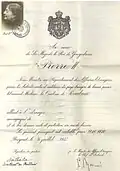 Diplomatic passport of Queen Natalie issued on 9 July 1937, at the Royal Yugoslav Consulate in Paris, in the name of Nathalie, Countess of Rudnik stating that she was born in 1859 in Florence, as Nathalie Keshko. The document was signed by King Peter II of Yugoslavia