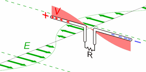 Image 13Animated diagram of a half-wave dipole antenna receiving a radio wave. The antenna consists of two metal rods connected to a receiver R. The electric field (E, green arrows) of the incoming wave results in oscillation of the electrons in the rods, charging the ends alternately positive (+) and negative (−). Since the length of the antenna is one half the wavelength of the wave, the oscillating field induces standing waves of voltage (V, represented by red band) and current in the rods. The oscillating currents (black arrows) flow down the transmission line and through the receiver (represented by the resistance R). (from Radio wave)