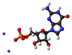 Ball-and-stick model of the component ions of disodium guanylate
