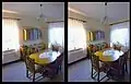 An example of barrel distortion compensation of a 15&nbsp;mm fisheye lens using the Distortions filter. The original is the one on the left.