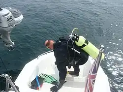 Volunteer diver preparing for a survey dive from the Reef Dragon