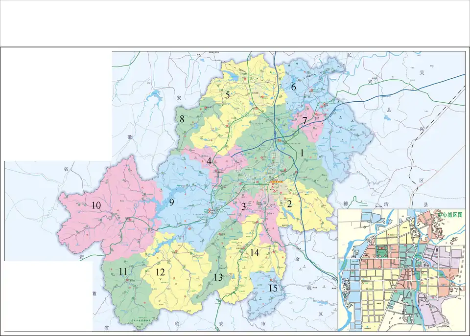 A map of township-level divisions in Anji County