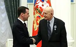 Stafford was presented with the Medal "For Merit in Space Exploration" from Russian president Dmitry Medvedev on April 12, 2011, at the Moscow Kremlin