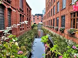 Dobrzynka River flowing by the historic factories of Pabianice