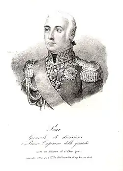 Black and white print of a white-haired man in an early 1800s military uniform. He wears a high collared coat with epaulettes and a large amount of gold braid.