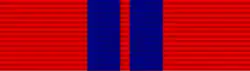 Red ribbon with two dark blue stripes close to the center