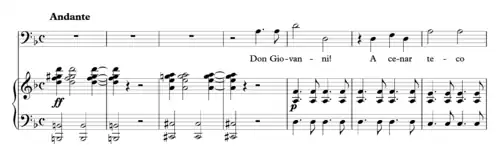 Image 21The opening bars of the Commendatore's aria in Mozart's opera Don Giovanni. The orchestra starts with a dissonant diminished seventh chord (G# dim7 with a B in the bass) moving to a dominant seventh chord (A7 with a C# in the bass) before resolving to the tonic chord (D minor) at the singer's entrance. (from Classical period (music))