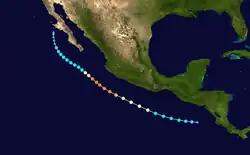 A map of the path of a hurricane off the Pacific coasts of Central America and Mexico, moving generally northwestward but arcing slightly inward toward the shoreline