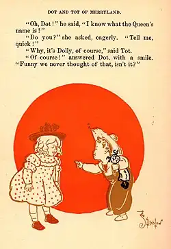 Text illustration: Dot and Tot back home again (Tot has the doll he had lost).