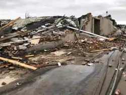Image 80EF4 damage to well-built brick buildings in downtown Mayfield, Kentucky. (from Tornadoes of 2021)