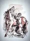 "Man and Horse" Ink and Watercolor 30" x 22 ½", Private Collection