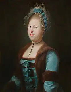 Left-looking portrait of a woman wearing a blue dress, trimmed with fur