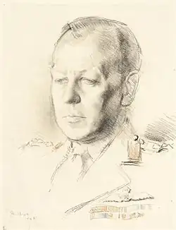 Pencil portrait of a balding middle-aged man in military uniform, with two rows of medal ribbons