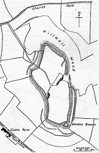 Compton Dundon hillfort with Dundon Beacon, east of Dundon