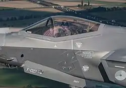 A Shahed-type drone shot down during the Russian drone incursion into Poland marked on a Dutch Air Force F-35 Lightning II