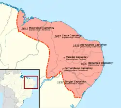 Map of Dutch Brazil from 1630–1654, overlaid on a modern-day map of Brazil.