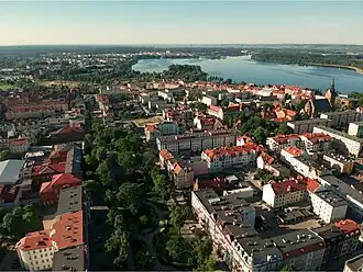 Aerial view of Ełk, the largest city of the region