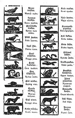 A page from an 1859 alphabet book showing letters with small black illustrations of animals and objects, each matched to a Sámi word.
