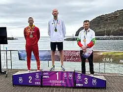 20 km walk M50 podium. From the left: Ruben Piñera Álvarez, Tomasz Lipiec and Martin Gramatikov