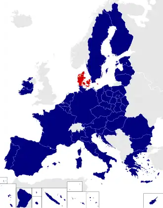 Map of the European Parliament constituencies with Denmark highlighted in red