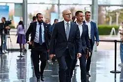 Miloš Vučević and European People's Party politicians walking inside a building