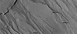 Close-up of gullies in crater showing channels within larger valleys and curves in channels. These characteristics suggest they were made by flowing water. Note: this is an enlargement of the previous image by HiRISE under HiWish program. Location is Eridania quadrangle.