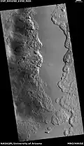 Wide view of part of Milankovic Crater, as seen by HiRISE under HiWish program. Many depressions here contain ice in their walls.