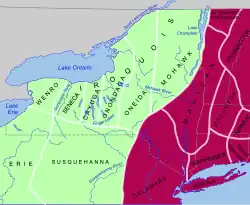 Map of New York showing Algonquian tribes in the eastern and southern portions and Iroquoian tribes to the western and northern portions. (from History of New York (state))