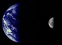 The Earth and Moon from 2.6 million km. These images have been combined at right to illustrate the relative sizes of the two bodies.