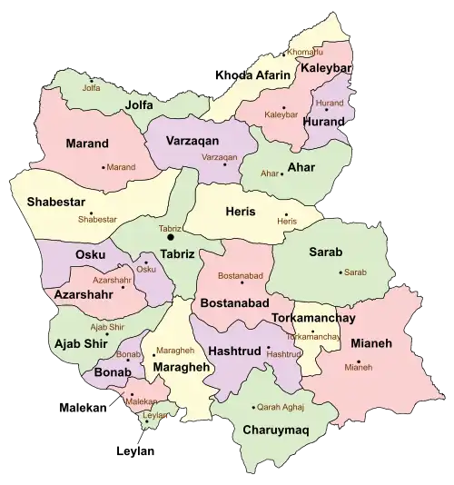 Location of Hashtrud County in East Azerbaijan province (bottom center, purple)
