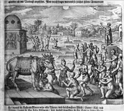 Indians venerating a cow - Indiae Orientalis, 1599